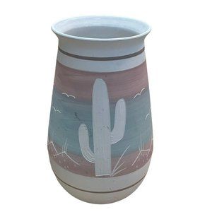 Vintage Vase Southwest Pink Blue Pottery Saguaro Cacti Seagulls Signed R.Gonza